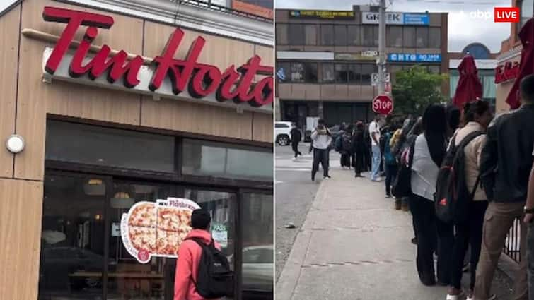 indian and foreign students long queue for job at tim horton Coffee house in canada watch viral video