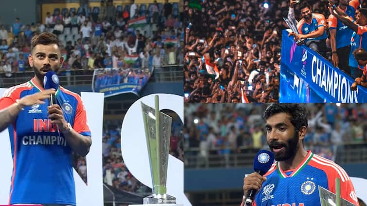 team india victory parade highlights virat kohli rohit sharma gave emotional speech celebrations at wankhede stadium