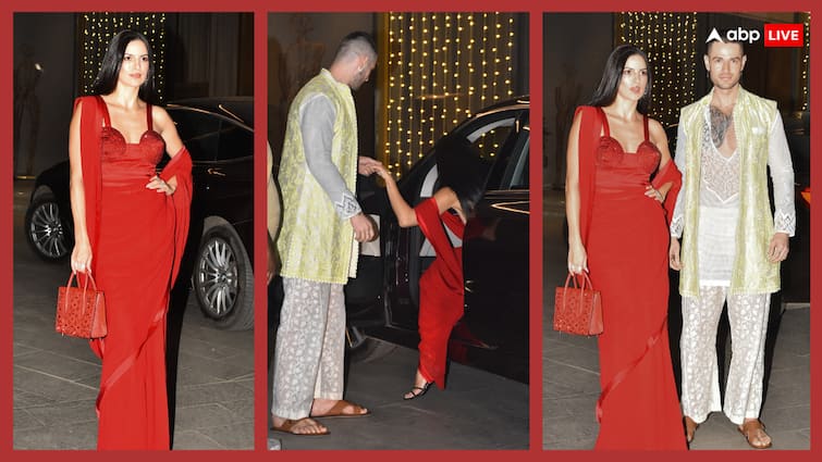 diwali 2024 natasa stankovic attends abu jani sandeep khosla party with rumoured beau aleksander alex stunned in red saree