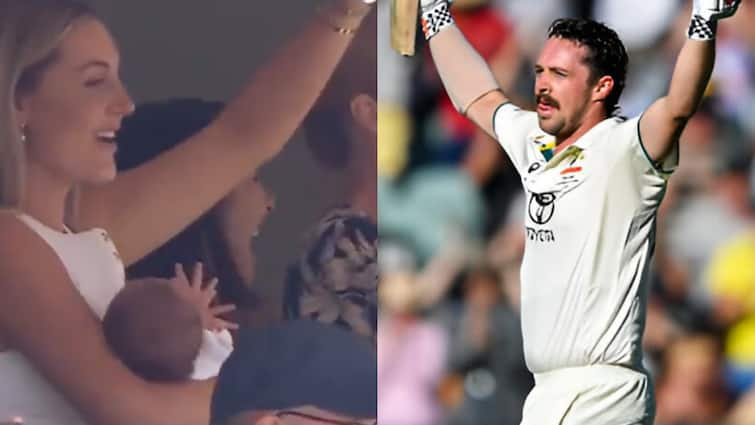 Travis Head Wife Jessica Davies reaction on husband hundred in Adelaide against India baby was in her arms watch video